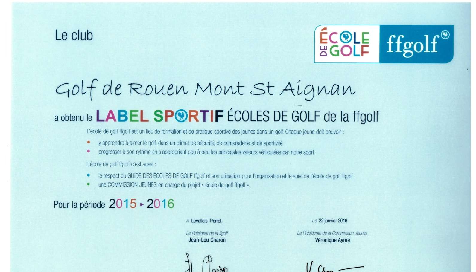 Label Sportif Ecole de Golf 2015-2016